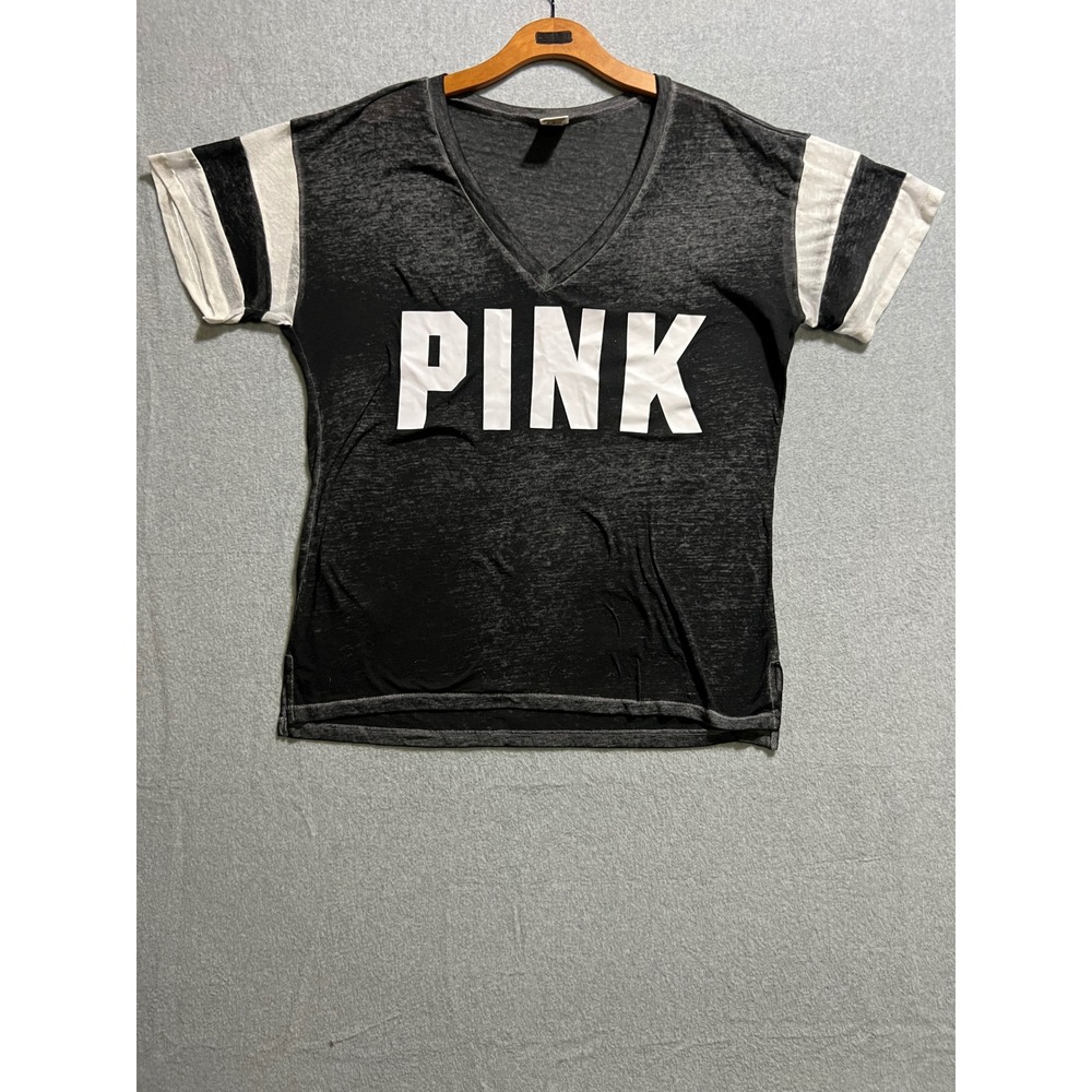 PINK Victoria's Secret Women's Varsity Burnout V-Neck T-Shirt black Large